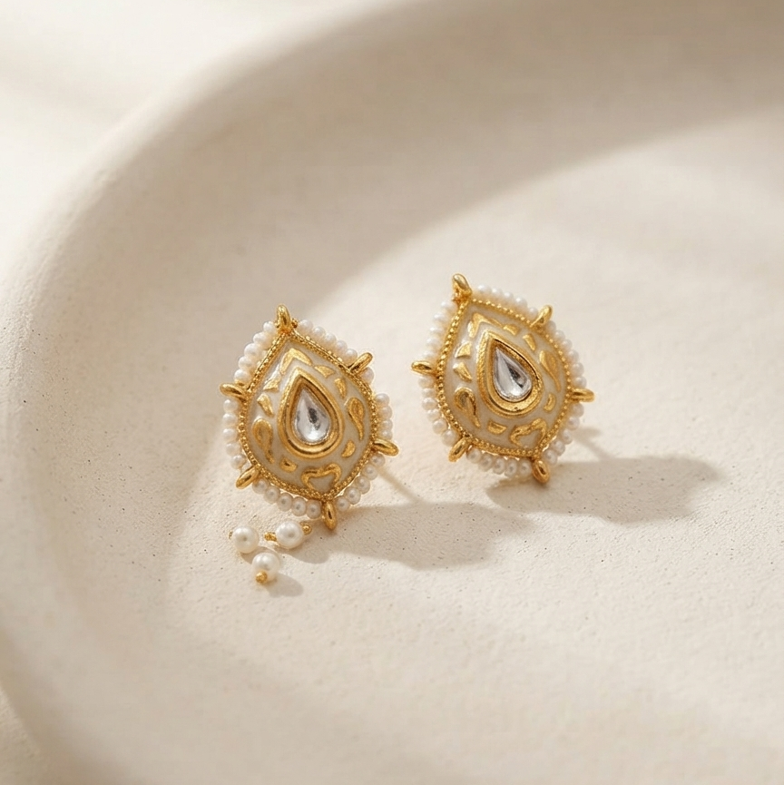 Gold Finish Polki& White Stone Earrings