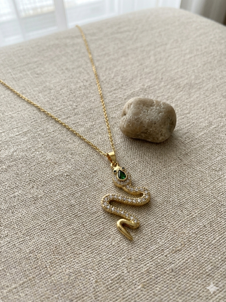 Anti-Tarnish Snake Pendant with Green Stone