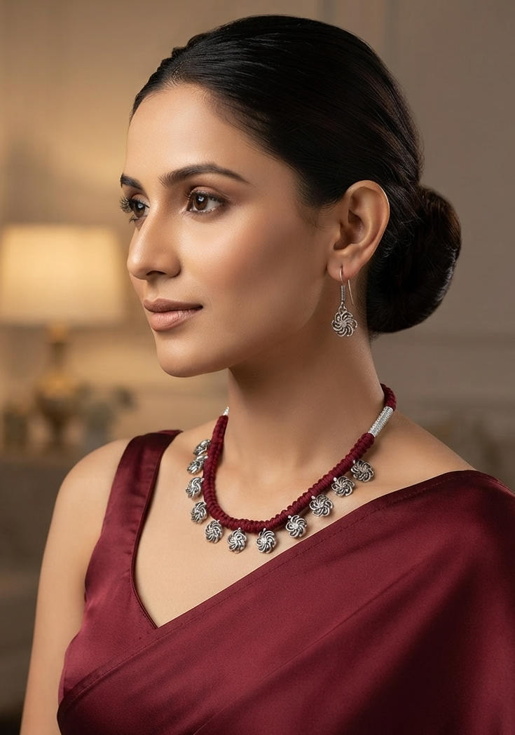 Meraki Red Threaded Harmony Ensemble Neckpiece with Earrings