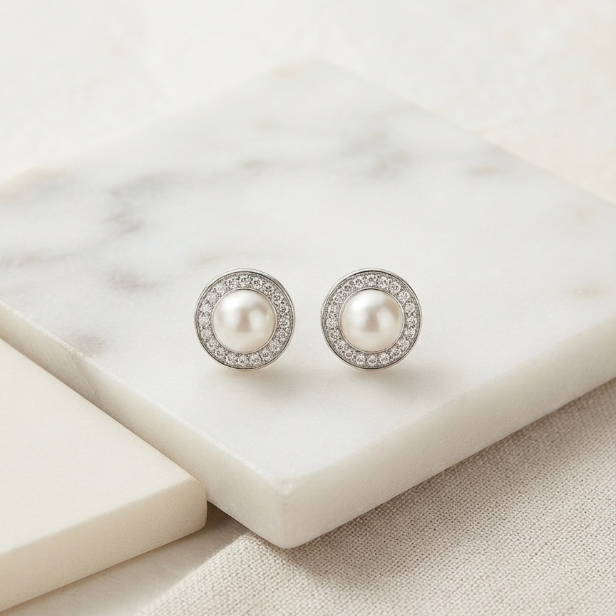 Round Cut Faux Pearl Stud