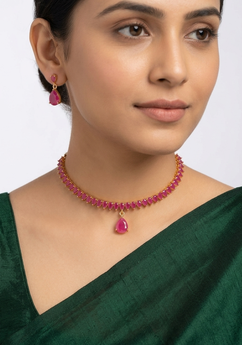 Gold Plated Magenta Necklace Set
