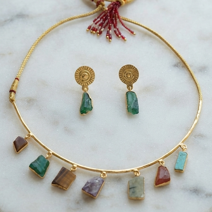 Seven Stones Brass Necklace Set