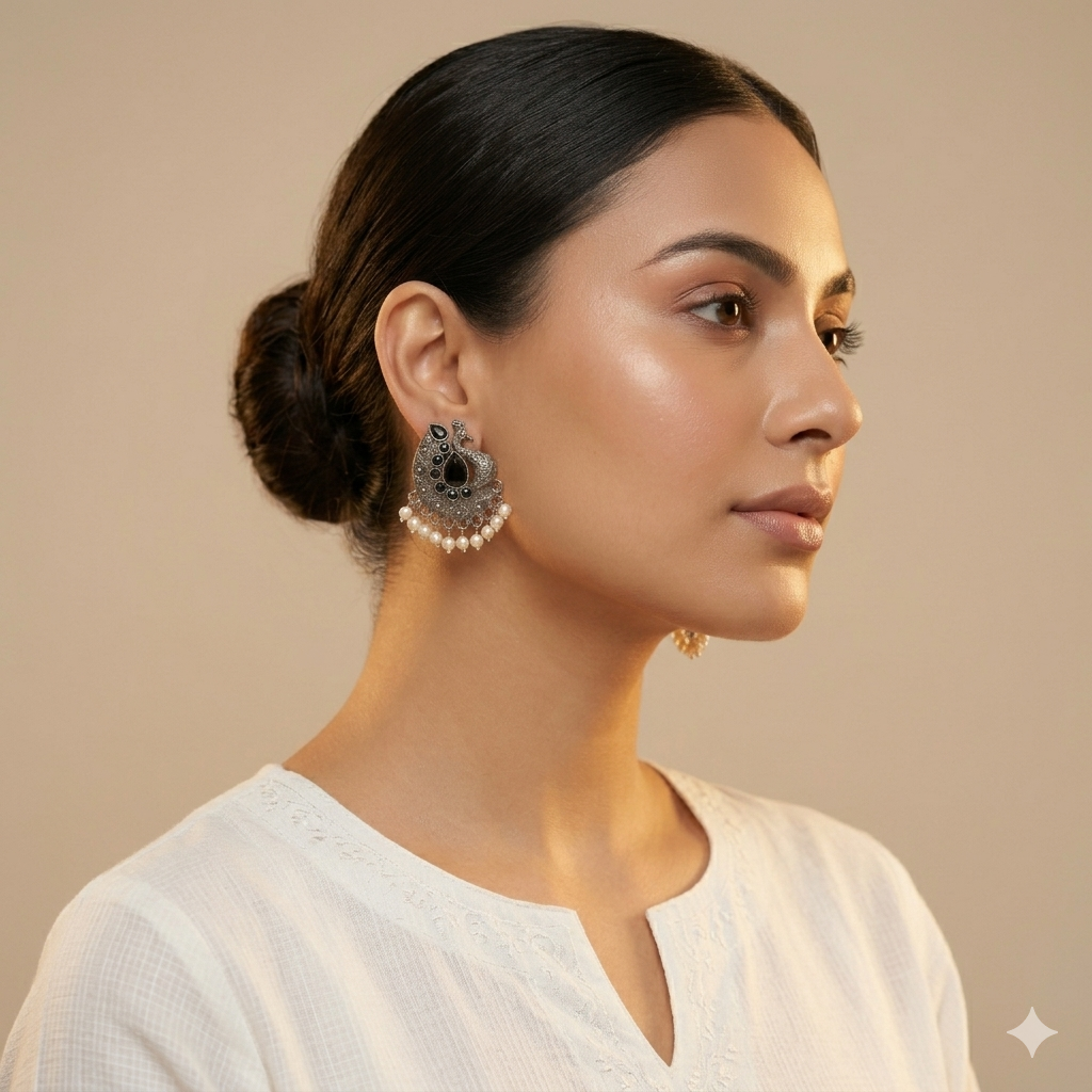 Black Stones Mayur Pearl Oxidized Earrings