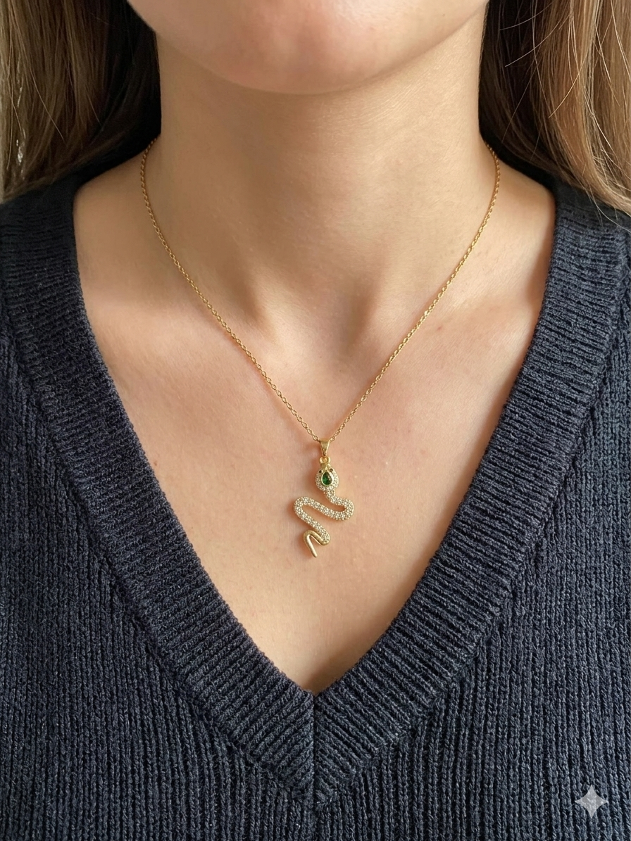 Anti-Tarnish Snake Pendant with Green Stone