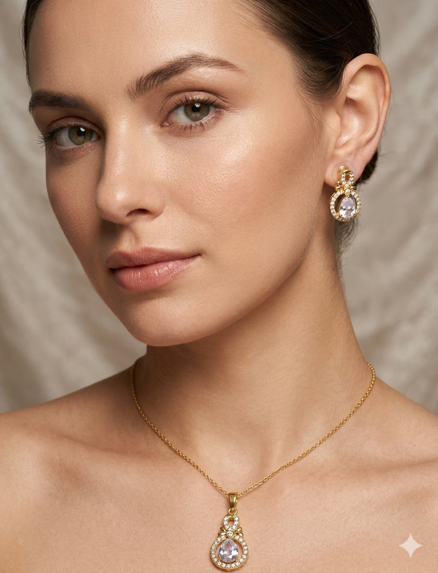 White Diamond Gold Plated Pendant Set
