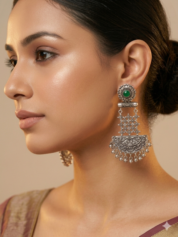 Long Traditional Oxidized Hanging Earrings