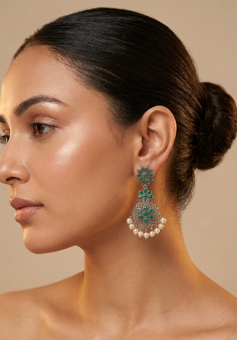 Floral Pearl Drop Oxidized Earrings