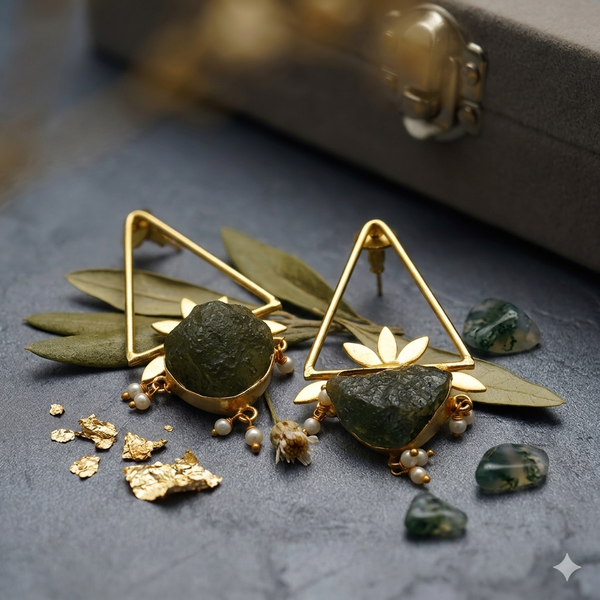 Triangle Shaped Monalisa Stone Earring with Pearls