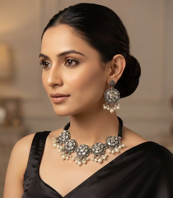 Indian Style Ethnic Silver Oxidized Choker Set