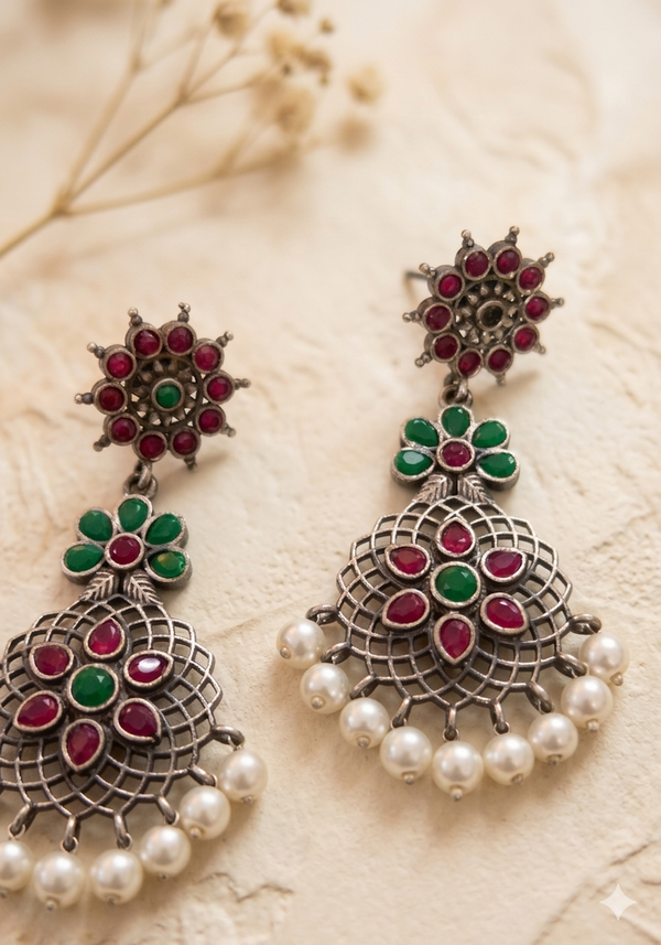 Floral Pearl Drop Oxidized Earrings