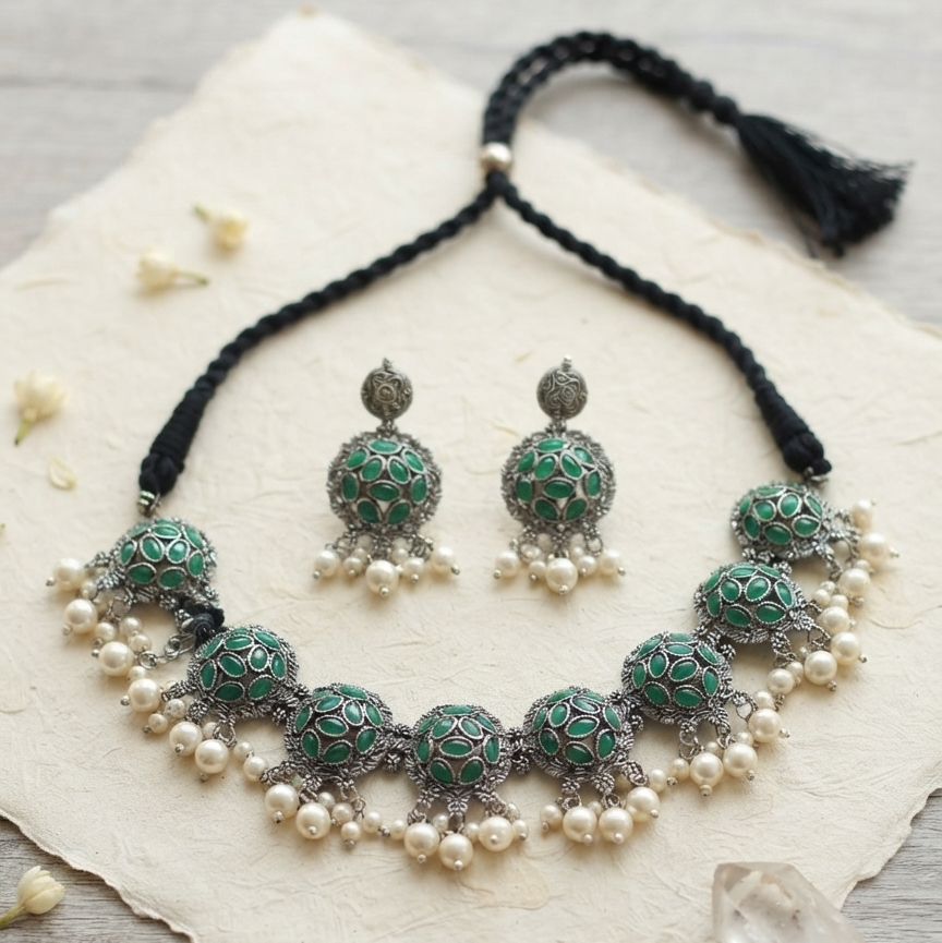 Indian Style Ethnic Silver Oxidized Choker Set