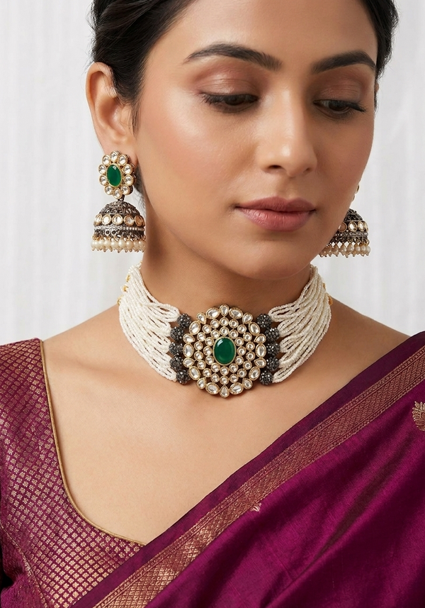 Meraki Gorgeous Pearl Nacklace Set with Kundan Stone