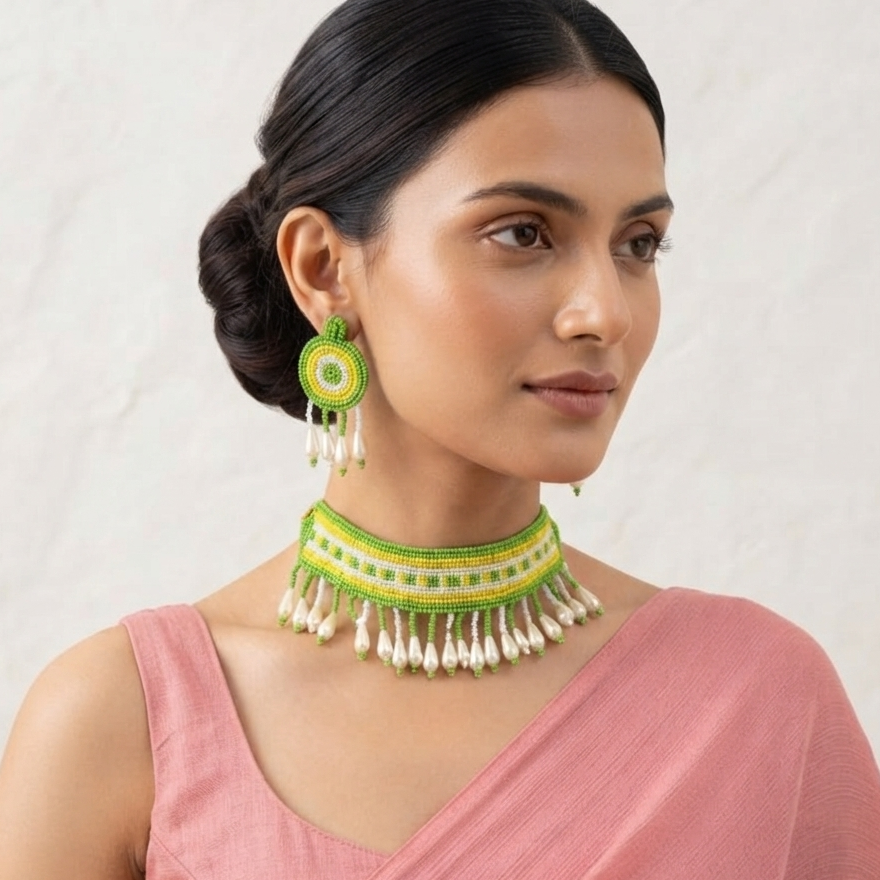 Ocean Mint Pearl Beaded Choker Set