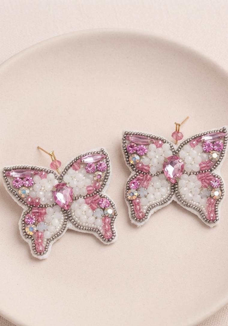 Pink And White Beads Butterfly Earrings