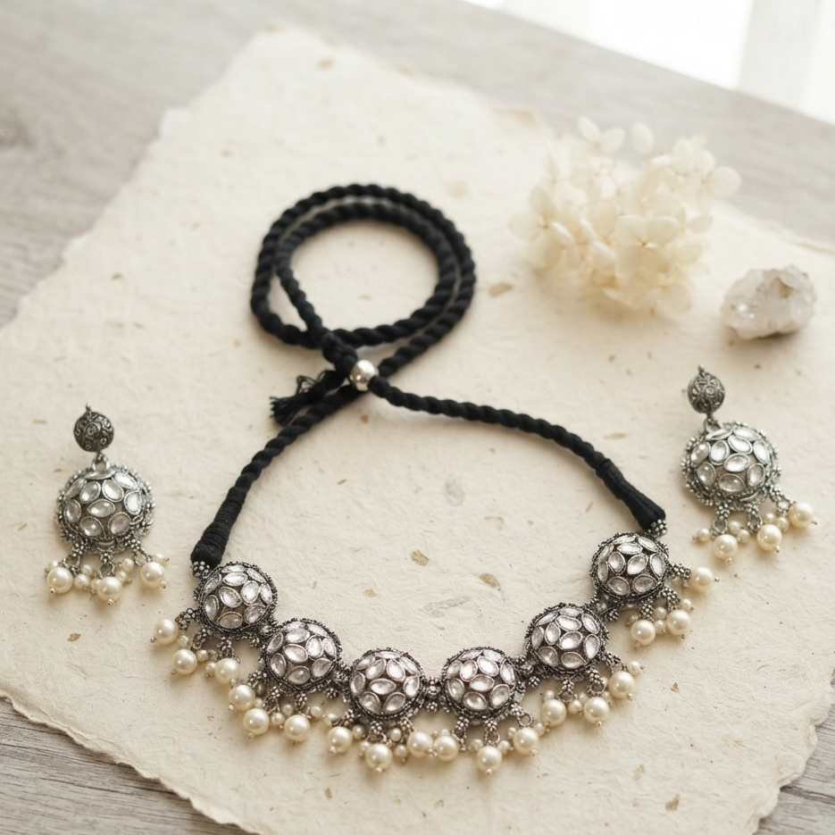 Indian Style Ethnic Silver Oxidized Choker Set