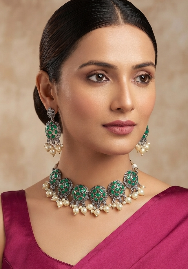 Indian Style Ethnic Silver Oxidized Choker Set