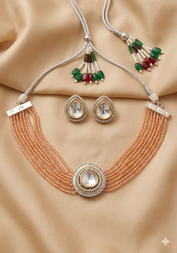 Meraki AD Stone Kundan Choker Set with Small Beads