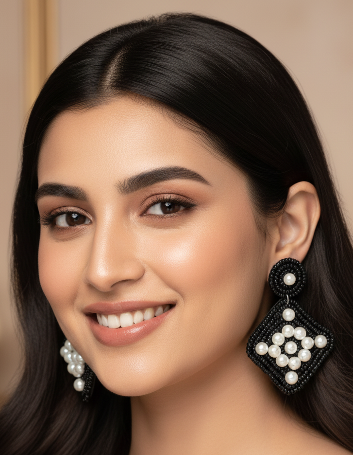 Black Square Shaped Pearl Earrings
