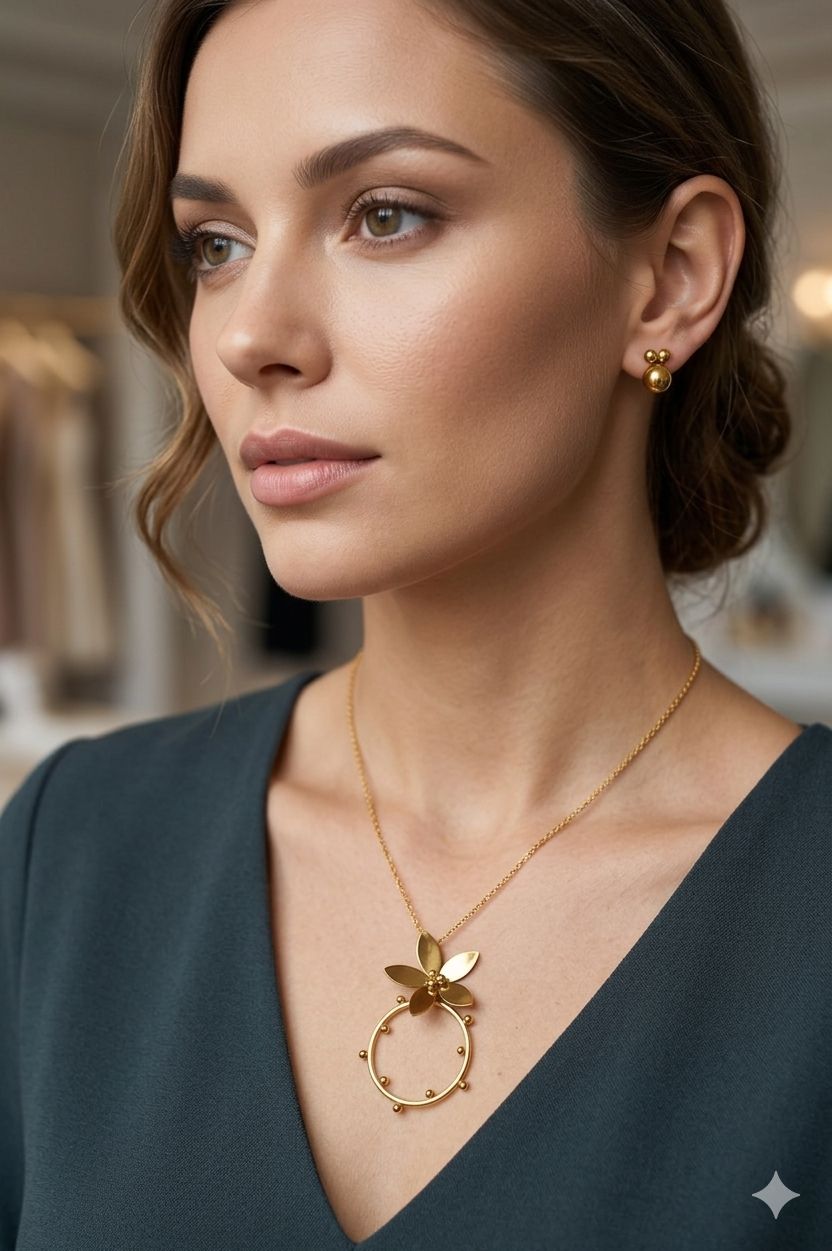 Floral Gold Plated Pendant Chain With Tiny Studs