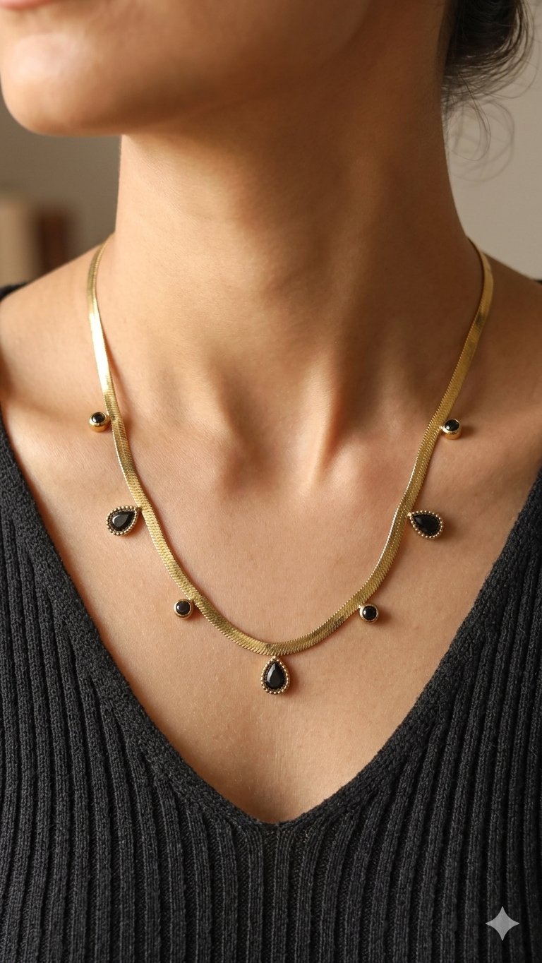 Anti-Tarnish Pendant with Black Stone