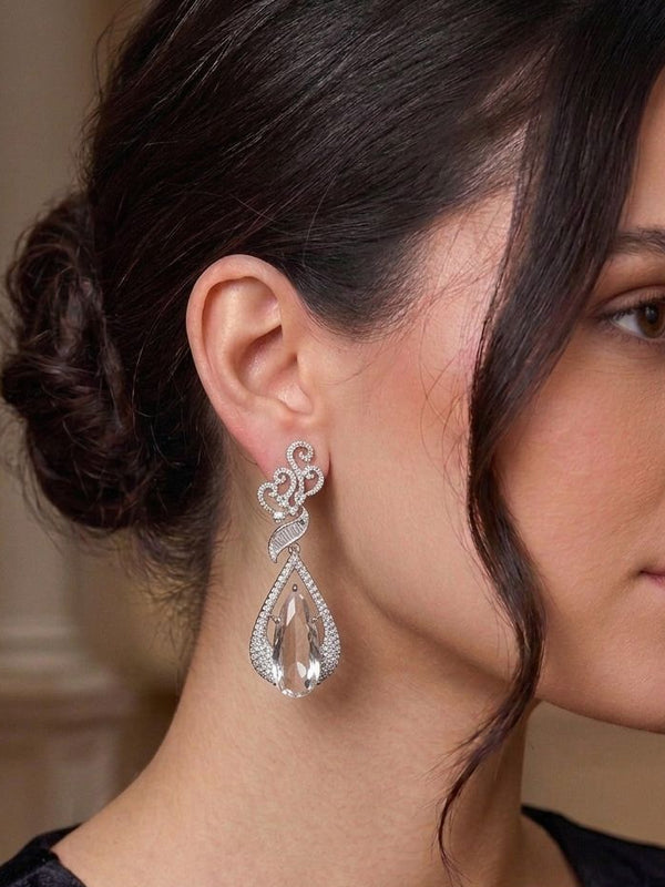 Meraki Silver American Diamond Embellish Drop Earring