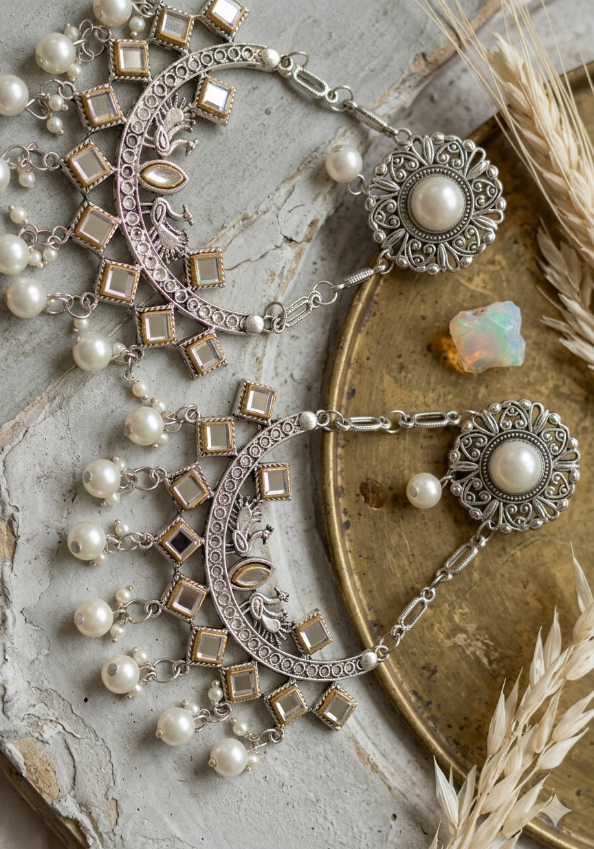 Oxidized Mirror Chand Bali