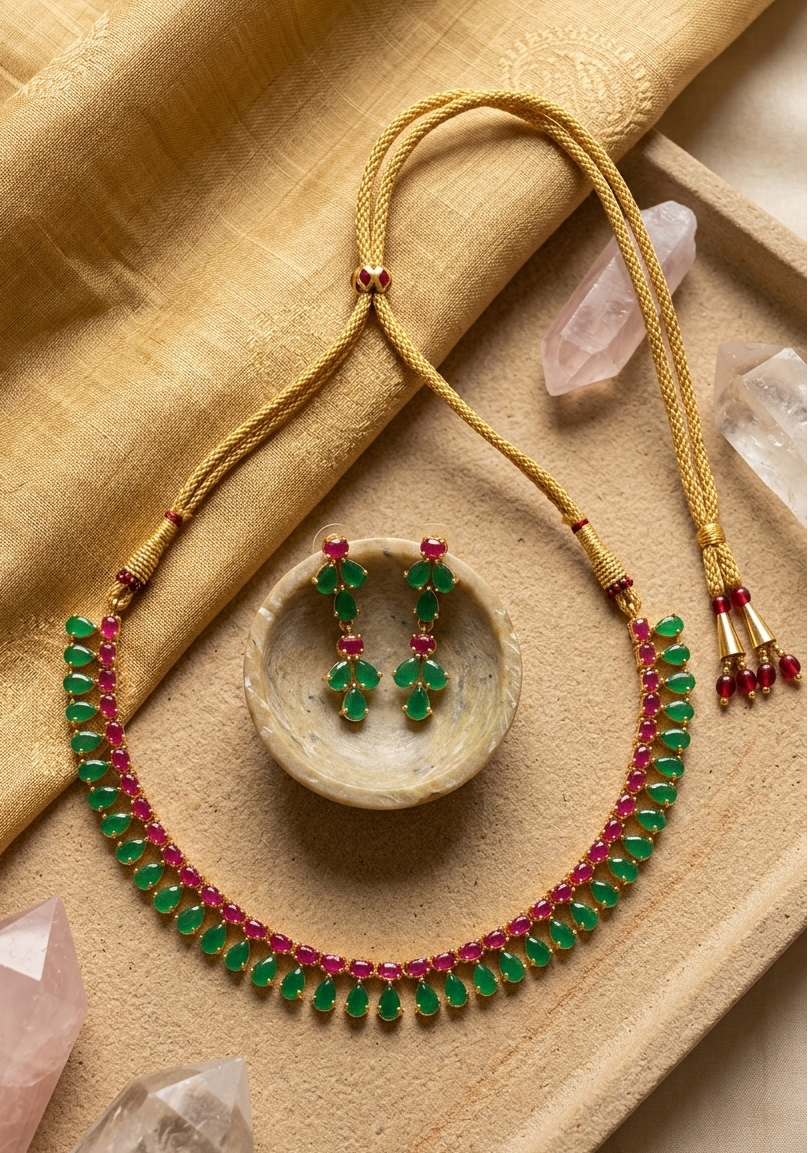 Gold Plated Green and Magenta Necklace Set