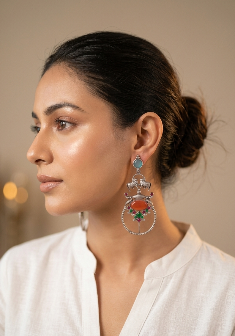 Oxidized Cow Shaped Long Earring