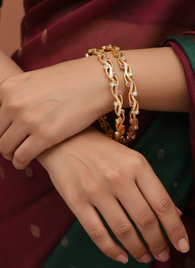 Pink And White Stones Gold Plated Bangles