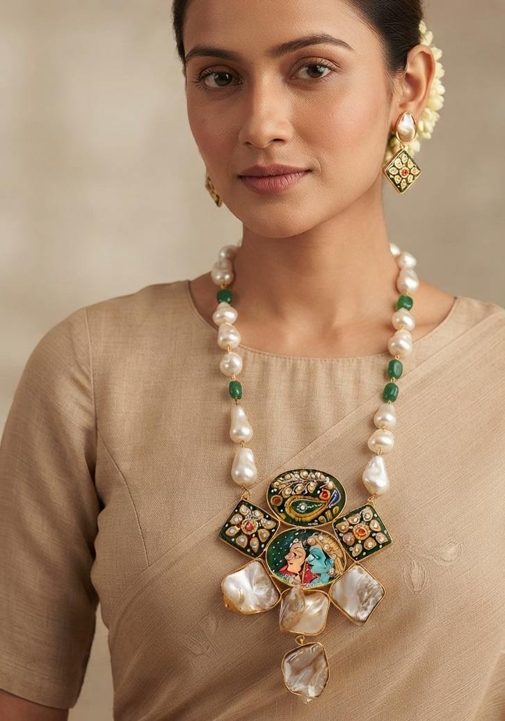 Mother Pearl Radha-Krishna Ethnic Temple Jewelry Set