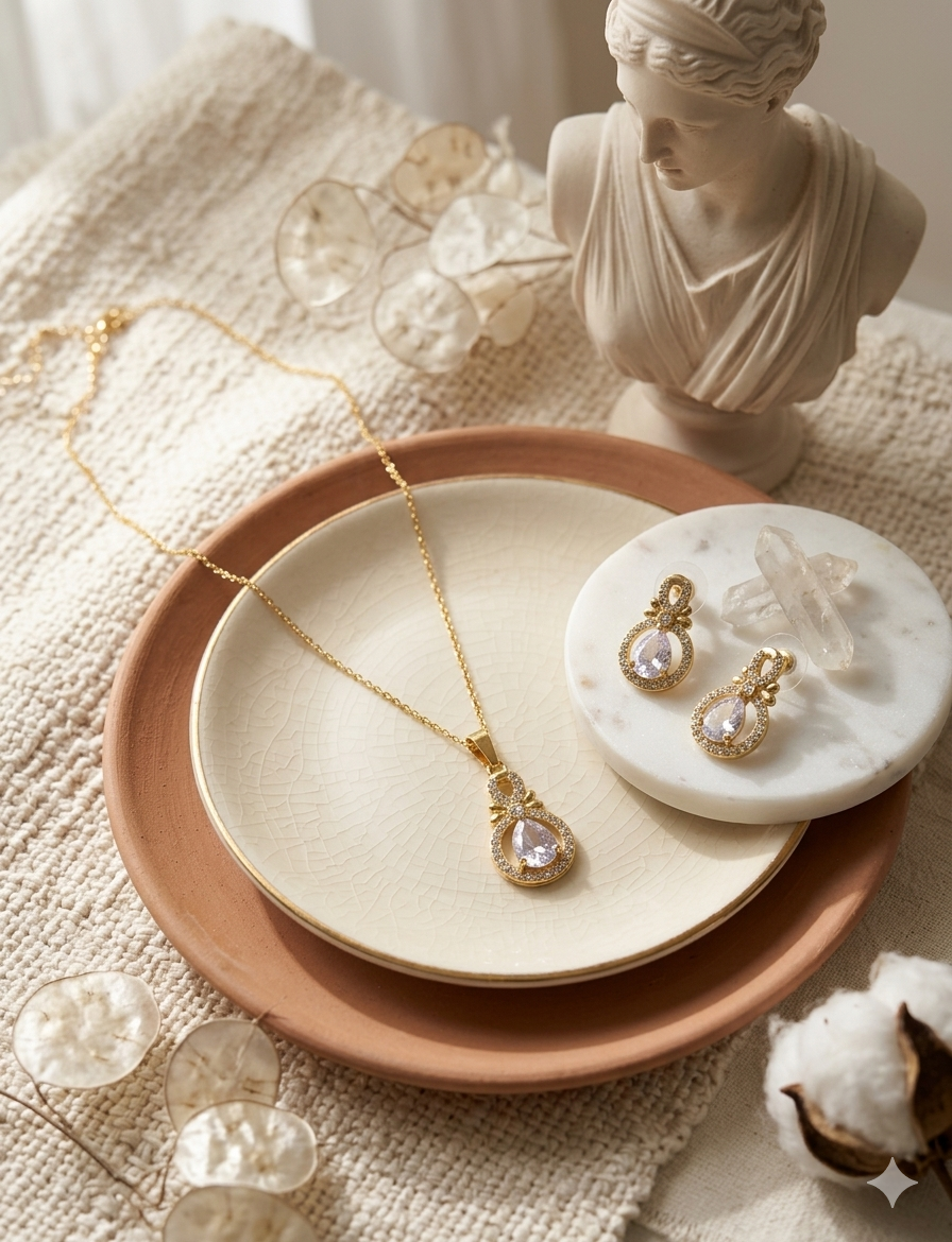 White Diamond Gold Plated Pendant Set