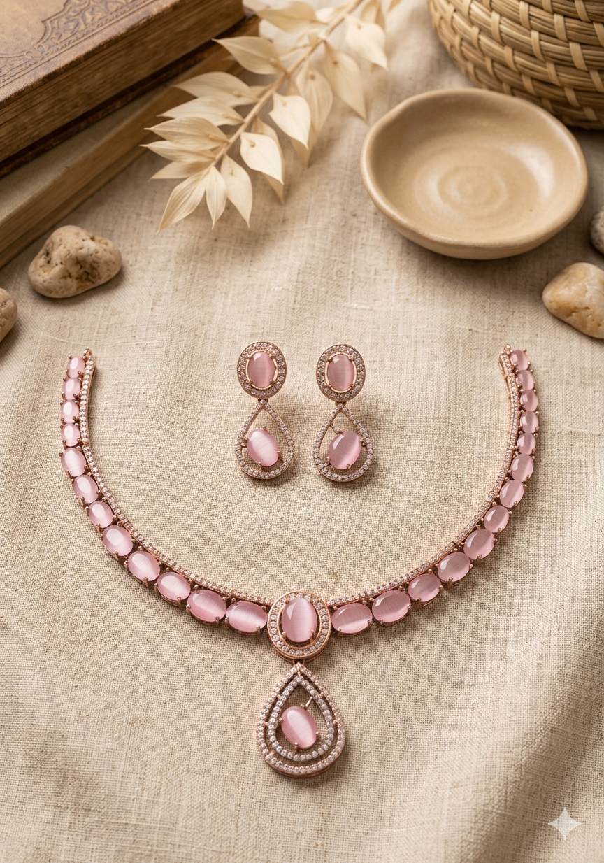 Rhodium Plated Premium Pink Zircons Studded Necklace Set
