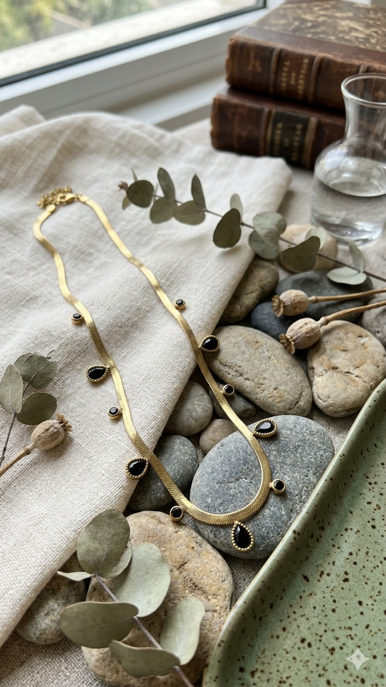 Anti-Tarnish Pendant with Black Stone