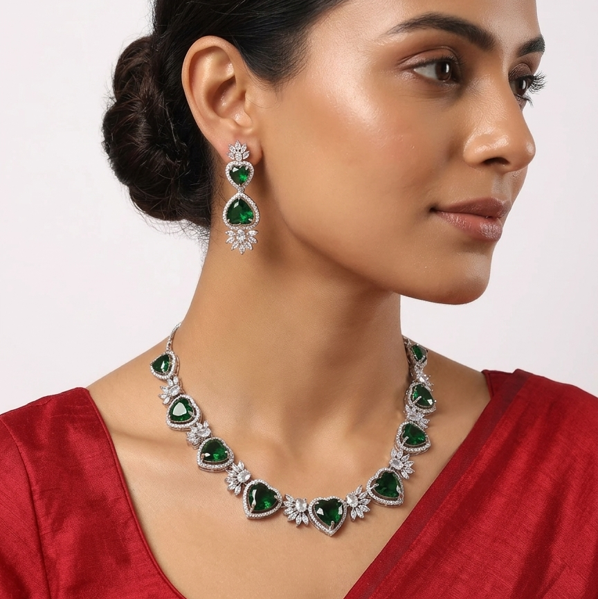 Heart shaped loved Emerald Green Zirconia Necklace Set
