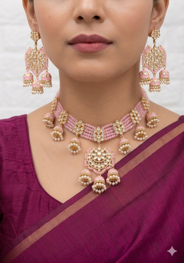 Designer Kundan Necklace set with Jhumkas style