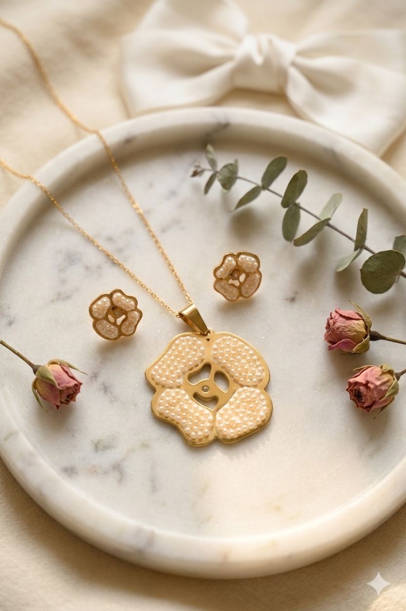 Flower With Tiny Pearls Gold Plated Pendant Set