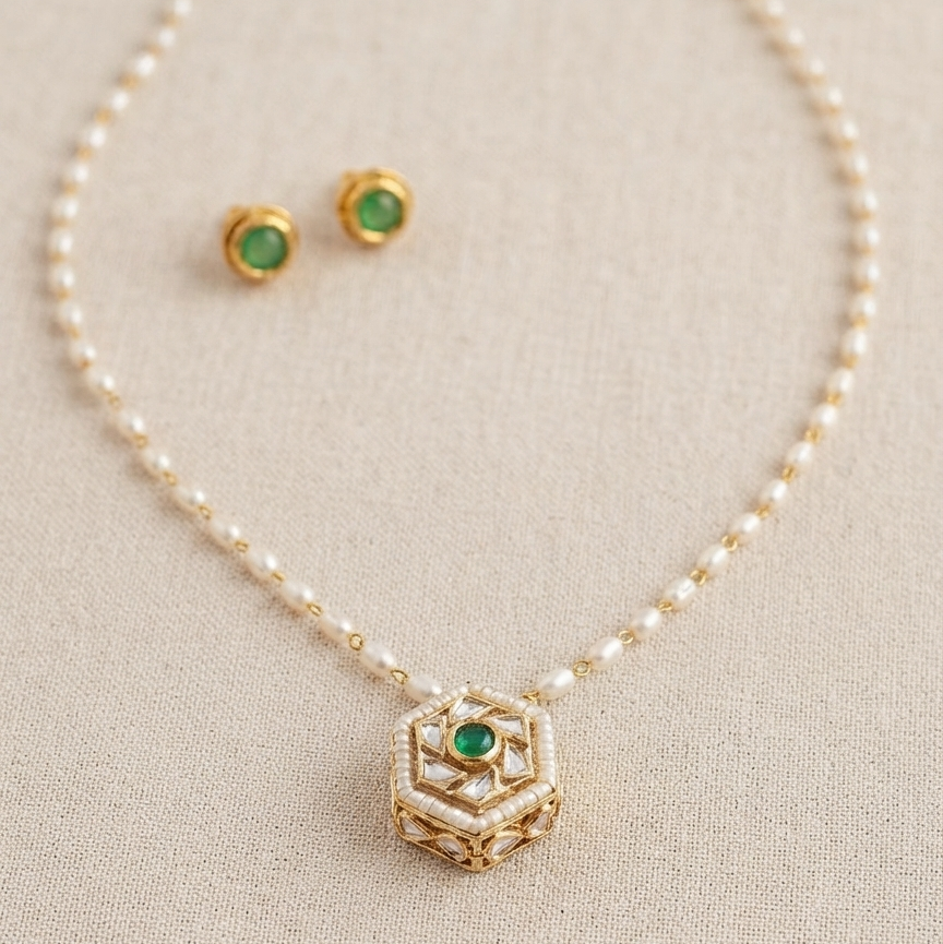 Gold Plated Stones Studded Pendant with Studs