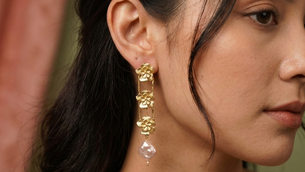 Flowers And Pearl Drop Brass Earrings