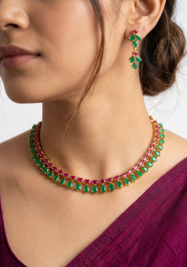 Gold Plated Green and Magenta Necklace Set