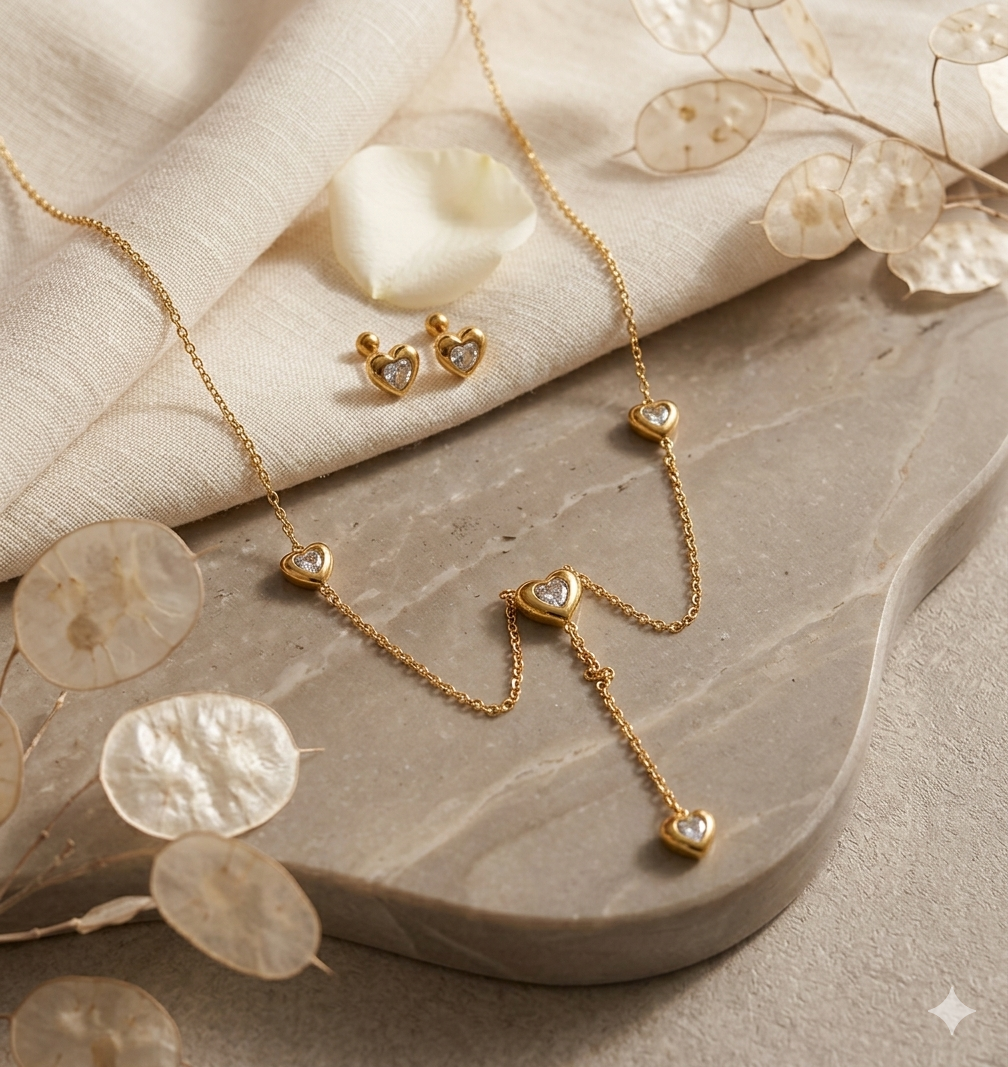 Diamond Studded Tiny Heart Pendant Set
