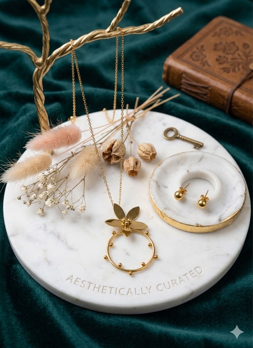 Floral Gold Plated Pendant Chain With Tiny Studs