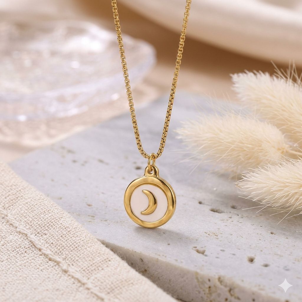 Gold Circle Half Moon Pendant Necklace