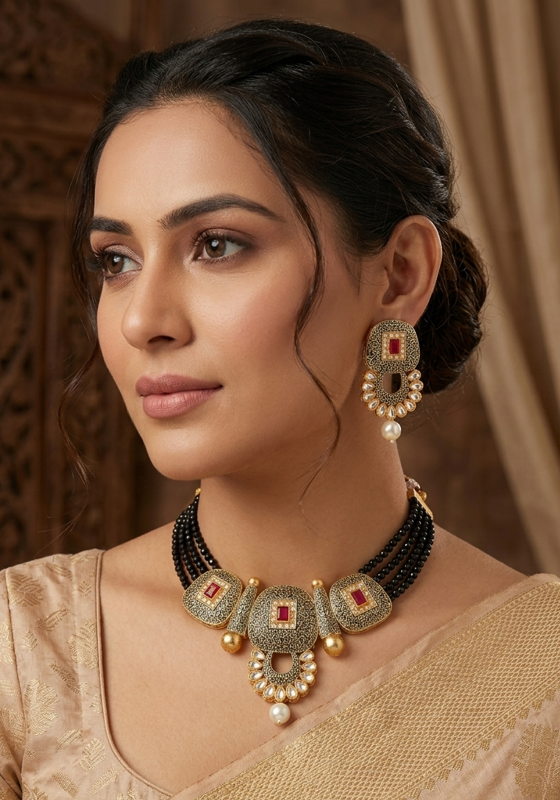 Meraki Gold Plated Ruby Diamond Choker Set