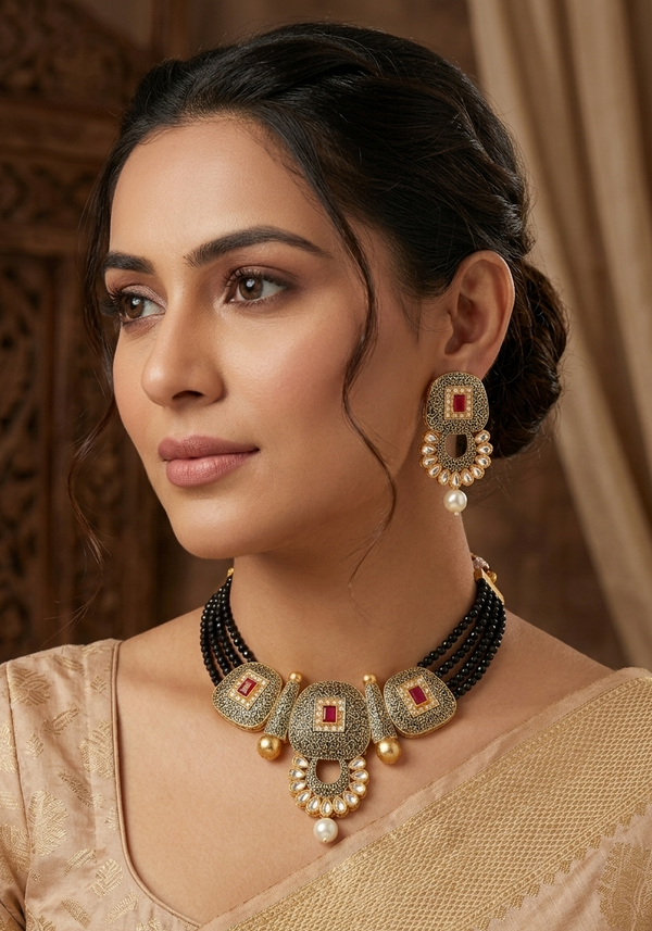 Meraki Gold Plated Ruby Diamond Choker Set