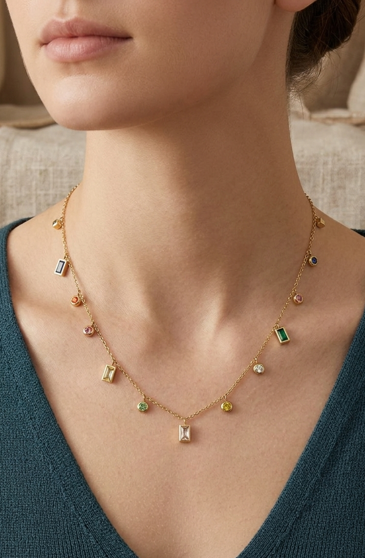 Anti-Tarnish Multicolor Stones Pendant Chain