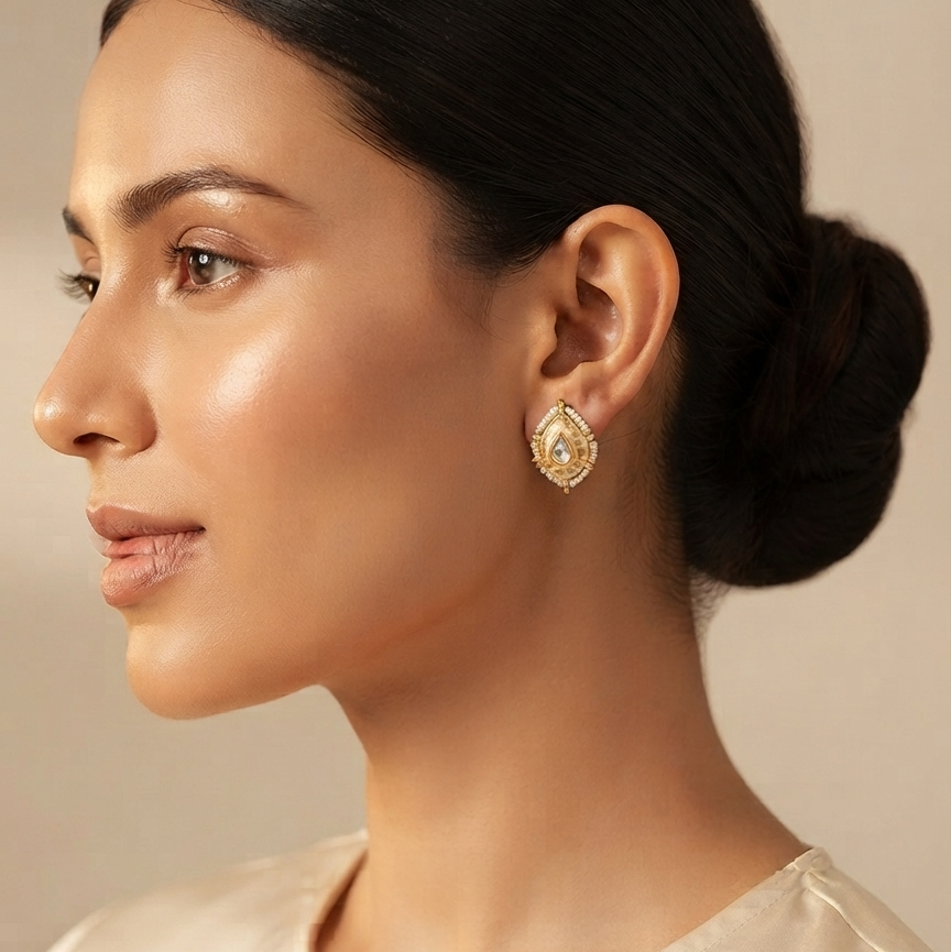 Gold Finish Polki& White Stone Earrings