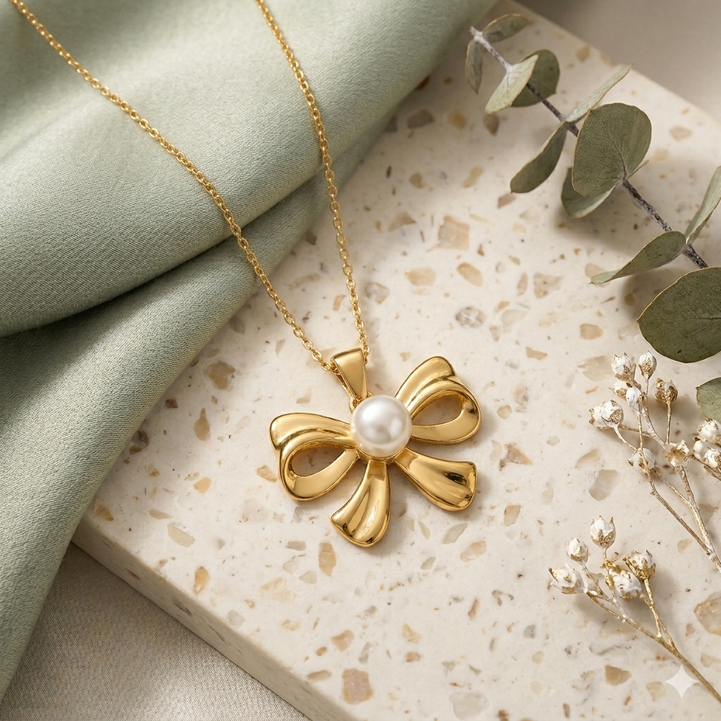 Gold Plated Bow Pendant with Pearl