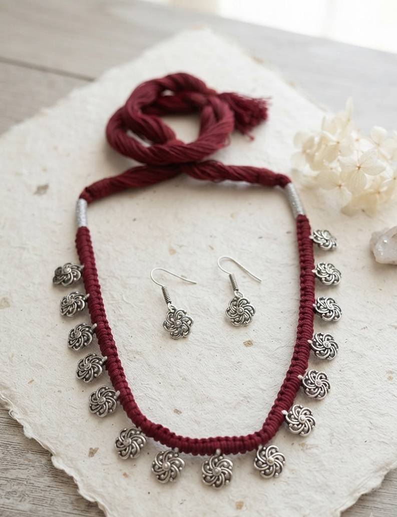 Meraki Red Threaded Harmony Ensemble Neckpiece with Earrings