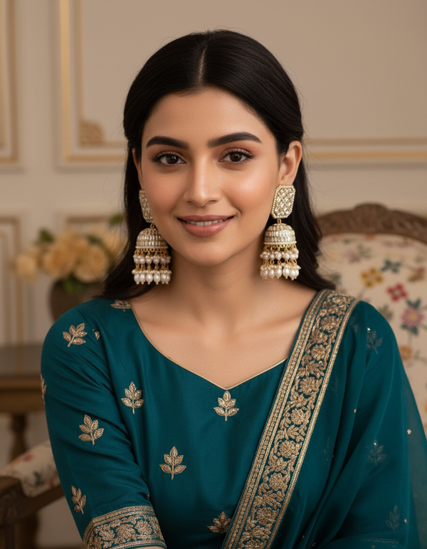 Beautiful Diamond Studded Pearl Beaded Jhumka Earrings