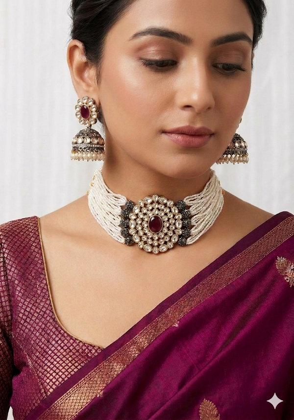 Meraki Gorgeous Pearl Nacklace Set with Kundan Stone